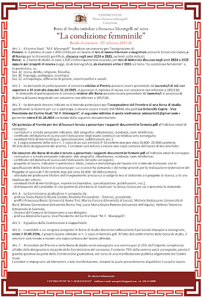 Premio e Borse di Studio "Francesca Marangelli" sulla Condizione femminile - XV edizione 2025/26